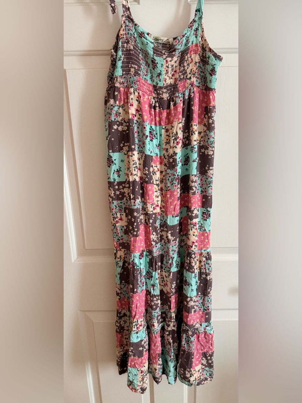 Bohemian Large Patchwork Floral Midi  Dress Pink, Aqua & Brown